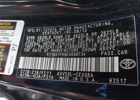 2014 Toyota Camry Hybrid Xle z USA, uszkodzony, nr VIN 4T1BD1FK6EU098734